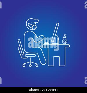Mann, der im Büro mit Gesichtsmaske und Handdesinfektionsmittel arbeitet. Liniensymbole. Stockfoto