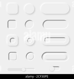 Satz weißer 3D-Tasten. Neomorphismus Design-Stil. Anwendungs- und Website-Schaltflächen. 3D-Tasten. Stockfoto