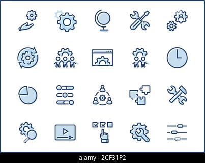 Set of Settings und Setup Vector Line Icons. Enthält Symbole wie Getriebe, Einstellung, Steuerung, Iinstall, Optionen, Service und mehr. Bearbeitbare Kontur Stock Vektor