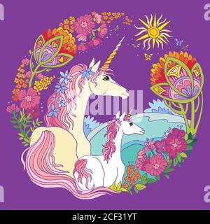 Vektor schönes Einhorn und Fohlen mit Blumen im Kreis Zusammensetzung. Bunte Zierillustration isoliert auf mauve Hintergrund.für T-Shirt, Stick Stock Vektor