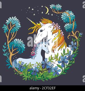 Vektor schönes Einhorn und Fohlen mit Blumen im Kreis Zusammensetzung. Bunte Zierillustration isoliert auf grauem Hintergrund. Für T-Shirt, Stick Stock Vektor