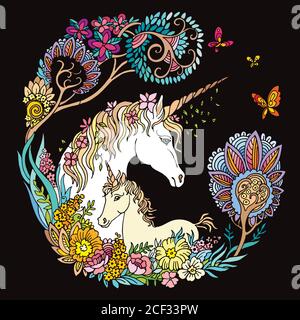 Vektor schönes Einhorn und Fohlen mit Blumen im Kreis Zusammensetzung. Bunte Zierillustration isoliert auf schwarzem Hintergrund.für T-Shirt, Stick Stock Vektor