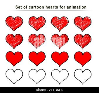Satz von Cartoon Herz Animation Rahmen, handgezeichnete Skizze, Doodle Vektor. Rote Symbole gezeichnet mit Pinsel, Stift, Tinte, isoliert auf weißem Hintergrund. Cooler Trend Stockfoto