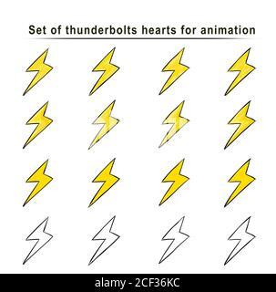 Set Cartoon Thunderbolt Animation Rahmen, Hand Blitz Skizze, Doodle Vektor. Gelbe Symbole gezeichnet Pinsel, Stift, Tinte, isoliert weißen Hintergrund. Kühl t Stockfoto