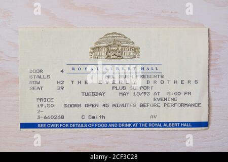 Ein Konzertticket für die Everly Brothers am Dienstag, den 18. Mai 1993 in der Royal Albert Hall in London, Großbritannien Stockfoto