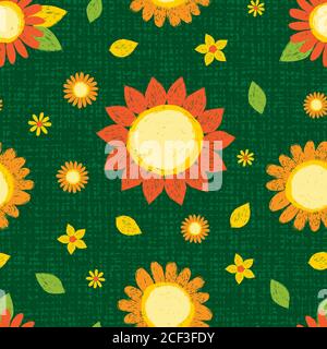 Vektor bunt texturierte Sonnenblumen und Gänseblümchen Stift Skizze wiederholen Muster mit grünen Leinwand Hintergrund. Geeignet für Textil, Geschenkpapier und Tapeten. Stock Vektor