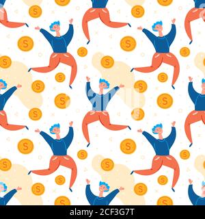 Mann Spieler springen mit Münzen. Gewinner. Positive fröhliche Stimmung, Energie. Fliegendes Geld. Computerspiel, Glücksspiel, Stream, Blog, vlog. Flacher handgezeichneter Vektor Stock Vektor