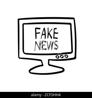 Fake News Schriftzug auf einem Computerbildschirm. Handgezeichnete Objekte isoliert auf weißem Hintergrund. Vektorgrafik. Stock Vektor