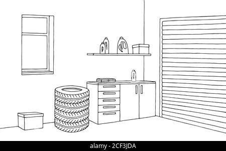 Garage Grafik schwarz weiß Innenraum Skizze Illustration Vektor Stock Vektor