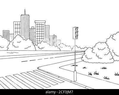Crossroad Grafik schwarz weiß Landschaft Skizze Illustration Vektor Stock Vektor