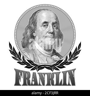 Portrait von Benjamin Franklin mit Lorbeerzweigen und der Inschrift 'Franklin'. Vektorzeichnung. Stock Vektor