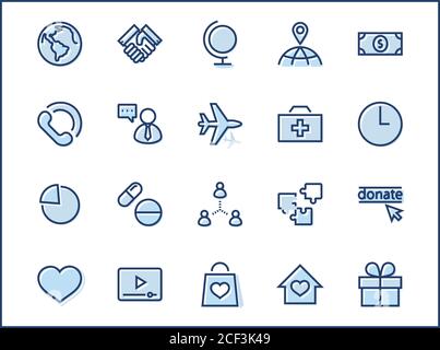 Internationaler Tag für die Symbole Der Schlechten Vektorlinie. Enthält Symbole wie Herz, Planet Erde, Handshake, Geld, Spenden, Medikamente, Flugzeug und mehr. Stock Vektor