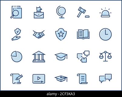 Set of Law and Justice Vector Line Icons. Enthält Symbole wie Waffe, Verhaftung, Autorität, Gerichtsgebäude, Gavel, Recht, Waffe und mehr. Bearbeitbarer Strich Stock Vektor