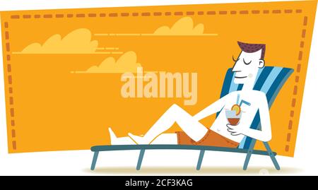 Retro-Stil Illustration eines Mannes Sonnenbaden auf einem Liegestuhl, während ein erfrischendes Getränk genießen. Es ist Sommerzeit. Stock Vektor