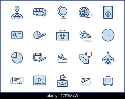 Satz von Flughafensbezogenen Vektorliniensymbolen. Enthält Symbole wie Globe, Abflug, Flugzeug, Bus, Tickets, Gepäckausgabe, Kalender, Kit und mehr. Editabl Stock Vektor