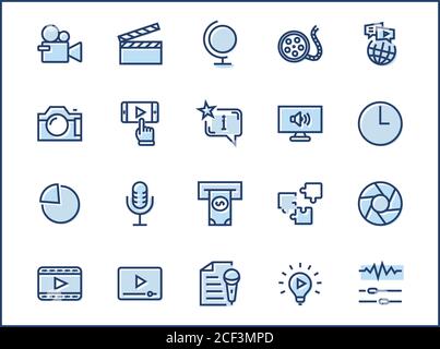 Symbole Für Den Linienvektor Für Den Internationalen Filmtag. Enthält Symbole wie Clapperboard, Kamera, Video, Wiedergabe, Film, Objektiv, Mikrofon, Medieneinstellungen und MOR Stock Vektor