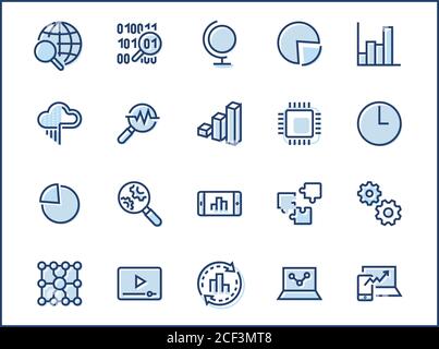 Satz von Datenanalyse-bezogenen Technologie Vektorlinien-Symbolen. Enthält Symbole wie Diagramme, Suche, Grafiken, Verkehrsanalyse, Big Data und mehr. Editab Stock Vektor