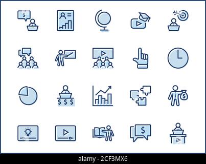 Satz der Symbole Für die Vektor-Linie für Business-Schulungen. Enthält Symbole wie Lehrer, Klasse, Präsentation, Video, Buch, Mentoring, Ziel und mehr. Bearbeiten Stock Vektor