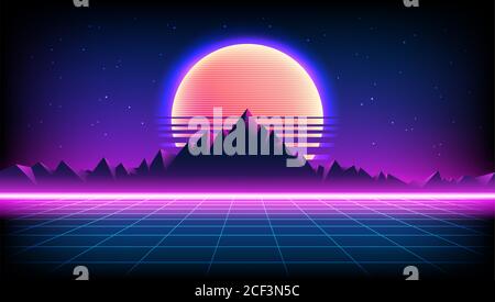 80s Retro Sci-Fi Hintergrund mit Sonnenaufgang oder Sonnenuntergang Nachthimmel mit Sternen, Berge Landschaft unendlichen Horizont Mesh in Neon-Spiel-Stil. Futuristisch Stock Vektor