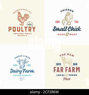 Farmfleisch, Käse und Geflügel Logos Set. Abstrakte Vektorzeichen oder Symbole Vorlagen. Handgezeichnete Haustiere und Vögel mit Retro-Typografie Stock Vektor