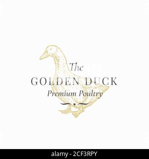 Die goldene Ente abstrakte Vektor-Zeichen, Symbol oder Logo-Vorlage. Handgezeichnete Domestic Bird Silhouette mit Retro Typografie. Vintage Luxus Vektor Stock Vektor