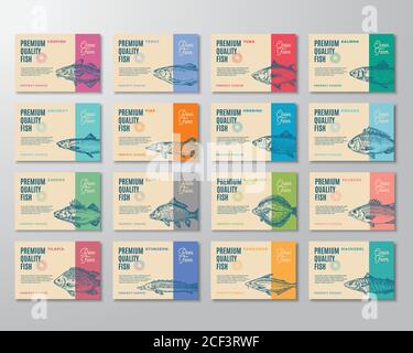 16 Premium Qualität Fisch Etiketten Set. Abstraktes Vektor-Verpackungsdesign oder -Etikett. Moderne Typografie und handgezeichnete Fish Sketch Silhouetten Stock Vektor