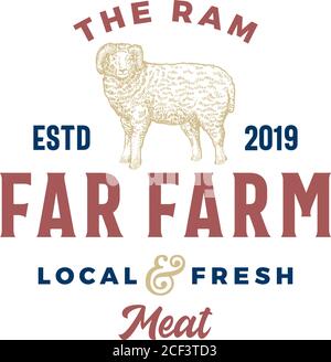 Die Far Meat Farm abstrakte Vektor-Zeichen, Symbol oder Logo-Vorlage. Handgezeichnete RAM-Silhouette mit Retro-Typografie. Vintage-Emblem. Stock Vektor