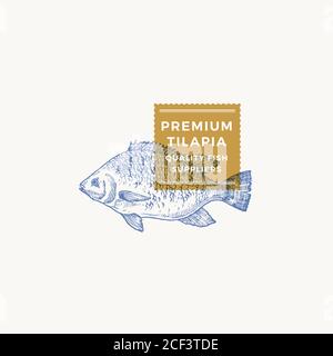 Tilapia abstrakte Vektor-Zeichen, Symbol oder Logo-Vorlage. Handgezeichnete Fish Sketch Silhouette mit moderner Typografie. Vintage-Vektor-Emblem. Stock Vektor