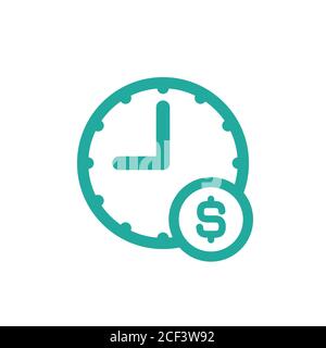 Blaue Uhr mit Dollarzeichen. Flaches Symbol isoliert auf Weiß. Zeit ist Geld Piktogramm. Stock Vektor