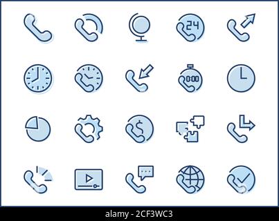 Satz von Telefon-Vektor-Leitungssymbolen. Es enthält die Symbole für eingehende, ausgehende, verpasste Anrufe, globale Anrufe und rund um die Uhr Online-Support und vieles mehr Stock Vektor