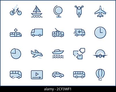 Satz von Symbolen Für die Vektorlinien im Zusammenhang mit öffentlichen Verkehrsmitteln. Enthält Symbole wie Bus, Fahrrad, Roller, Auto, Ballon, Truck, Tram, Trolley, Segelboot, motorboot, Stock Vektor