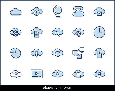 Satz des Symbols für die Wolkenvektorlinie. Es enthält Symbole zum Hochladen, Herunterladen, Verknüpfen und mehr. Bearbeitbare Kontur. 32 x 32 Pixel. Stock Vektor