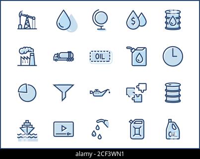 Satz von Ölbezogenen Vektor-Liniensymbolen. Enthält Symbole wie z. B. Kraftstofffahrzeug, Tankstelle, Ölfabrik, Transport und mehr. Bearbeitbarer Strich. 32 x 32 Pixel Stock Vektor