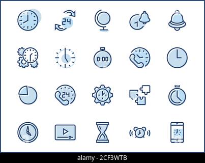 Satz von Zeivektorlinien-Symbolen. Enthält Symbole wie Timer, Geschwindigkeit, Alarm, Wiederherstellung, Zeitmanagement und mehr. Bearbeitbare Kontur. 32 x 32 Pixel perfekt Stock Vektor