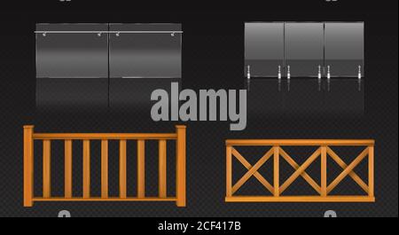 Glasgeländer mit Metallgeländer und Holzzaun für Balkon, Terrasse oder Pool. Vector realistische Satz von klaren Plexiglas Barriere mit Stahl Handläufe und Geländer aus Holzplanken Stock Vektor