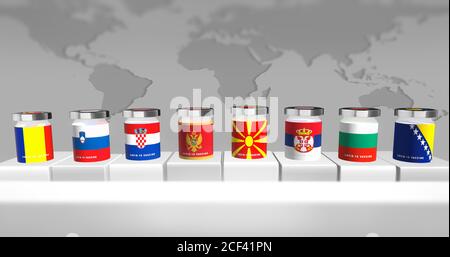 3D-Balkendiagramm mit Ländern aus Südosteuropa in der Linie für Corona-Virus-Impfstoff. Balkan-Länder COVID-19 Warnung. 3D-Illustration Stockfoto