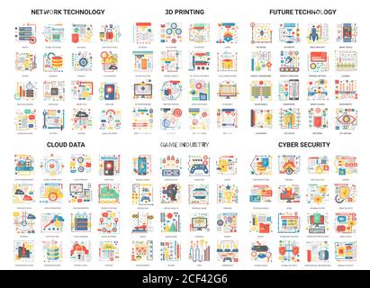 Komplexes Konzept flache Symbole Vektor-Illustration, modernes Design Symbol setzen Zukunftstechnologie, Smart City Symbole, Cloud-Daten-Netzwerk Tech-Sicherheit, 3d-Druck, Tech-Videospiel Industrie-Symbol Stock Vektor