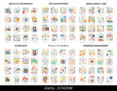 Komplexes Konzept flache abstrakte Vektor-Icons Set mit Science Network Technologie für SEO oder Social Media Werbung, Cloud-Datenentwicklung und Business-Projektplanung skizzieren moderne Symbole Stock Vektor