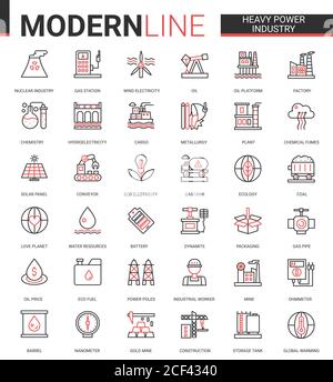 Schwerkraftindustrie flach dünne rote schwarze Linie Symbol Vektor-Illustration Set mit Umriss Infografik industrielle Fertigung Symbole der Metallurgie, chemische Anlage und Fabrik, Stromproduktion Stock Vektor
