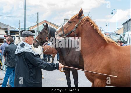 Listowel, Irland - 2. Juli 2015: Menschen und Pferde auf den Straßen von Listowel während des Pferdemesse. Stockfoto