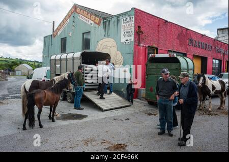 Listowel, Irland - 2. Juli 2015: Menschen und Pferde auf den Straßen von Listowel während des Pferdemesse. Stockfoto