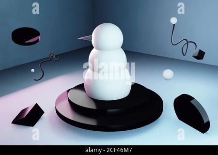 3d Glas weißen Schneemann aus drei runden Kugeln in einem geometrischen Winkel, auf dem Podium, neben Fliegenfiguren, beleuchtet von Neon. Neujahrskonzept. Stockfoto