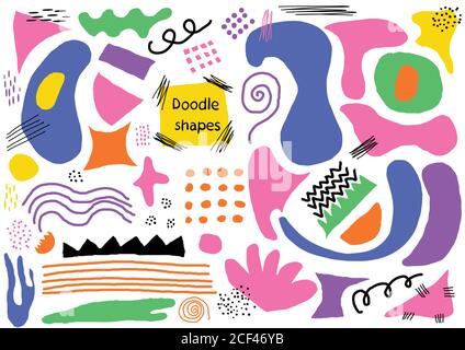 Großer Satz von Hand gezeichnet verschiedenen bunten Formen und Doodle-Objekte. Abstrakt modern modern trendy Vektor Illustration. Flaches abstraktes Dessin. Kont Stock Vektor