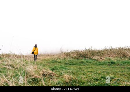 Volle Rückenansicht der gesichtslosen Frau in lebhaft gelbem Regenmantel mit schwarzer Handtasche, die wegschaut, während sie tagsüber auf einer nebligen Wiese mit frischem Grün und hohem trockenen Gras steht Stockfoto