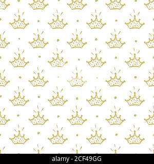Goldene Krone mit Punkten Nahtloses Muster. Handgezeichnete Krone auf weißem Hintergrund Stock Vektor