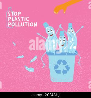 Verhindern Sie die Verschmutzung durch Plastik. Ökologisches Konzeptplakat mit lustigen Figuren aus zerknitterter Plastikflasche. Melden Sie Müll recyceln. Die menschliche Hand wirft Gewand Stock Vektor