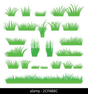 Vektor flach abstrakt grün Gras auf weißem Hintergrund isoliert gesetzt. Frühling große frische Gras-Kit. Büschel Blätter Gras. Eine Reihe von Design-Elementen von natu Stock Vektor