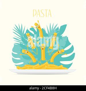 Pasta auf einem Teller. Lustige Pasta, Zeichentrickfiguren lächeln und lachen auf Blätter Hintergrund. Vektorgrafik Stock Vektor
