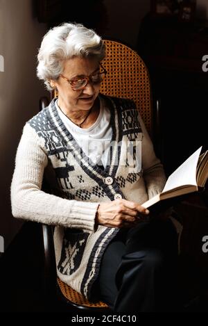 Ältere Frau liest mit Begeisterung am Fenster Stockfoto