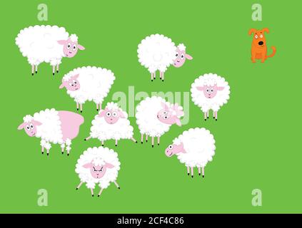 Lustige niedliche Schafe Zeichentrickfiguren gesetzt. Vektorgrafiken isoliert auf grünem Hintergrund. Stock Vektor